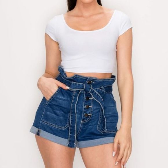 None Pants - Plus Size Medium Wash Denim High Waist Button Fly Paper Bag Shorts with …